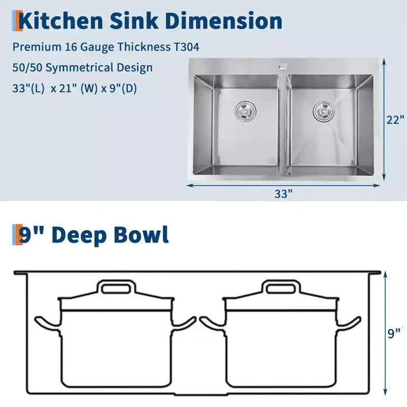Évier de cuisine à deux bacs 50/50 en acier inoxydable, 33x22 pouces, à encastrer/sous plan, 1 à 2 utilisateurs