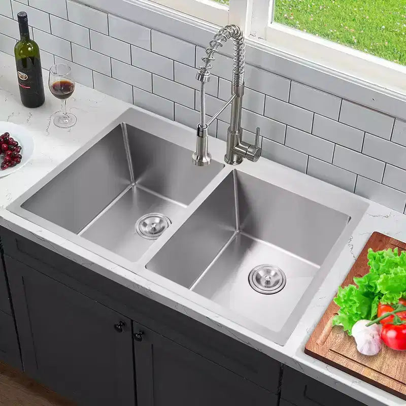 Évier de cuisine à deux bacs 50/50 en acier inoxydable, 33x22 pouces, à encastrer/sous plan, 1 à 2 utilisateurs