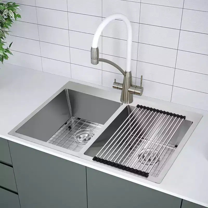 Évier de cuisine à deux bacs 50/50 en acier inoxydable, 33x22 pouces, à encastrer/sous plan, 1 à 2 utilisateurs