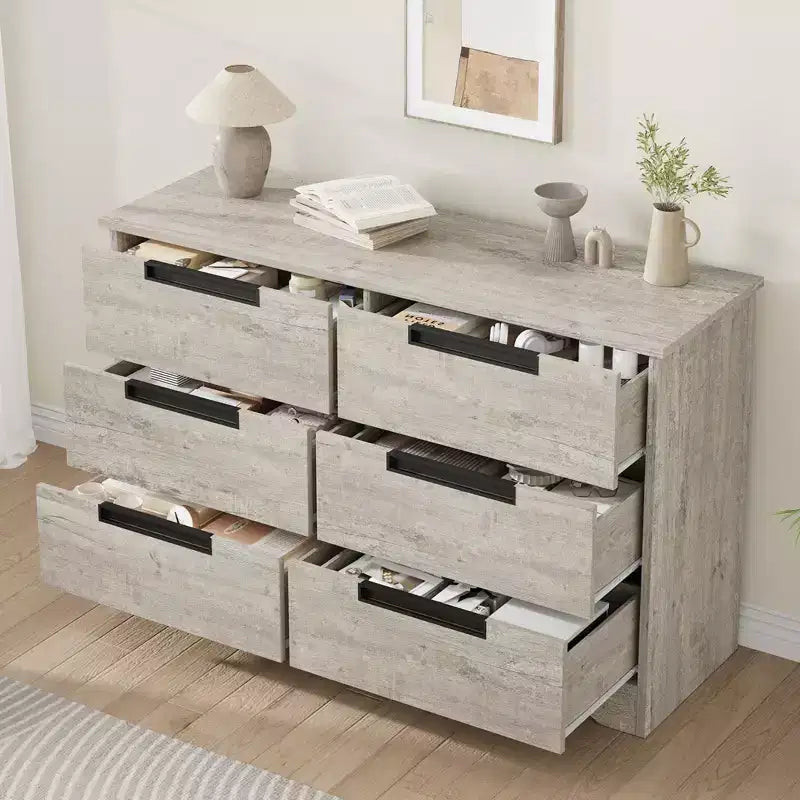 Commode en bois 6 tiroirs, noire/marron/grise, simple