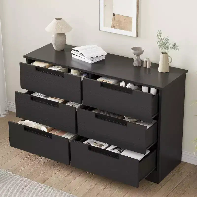 Commode en bois 6 tiroirs, noire/marron/grise, simple