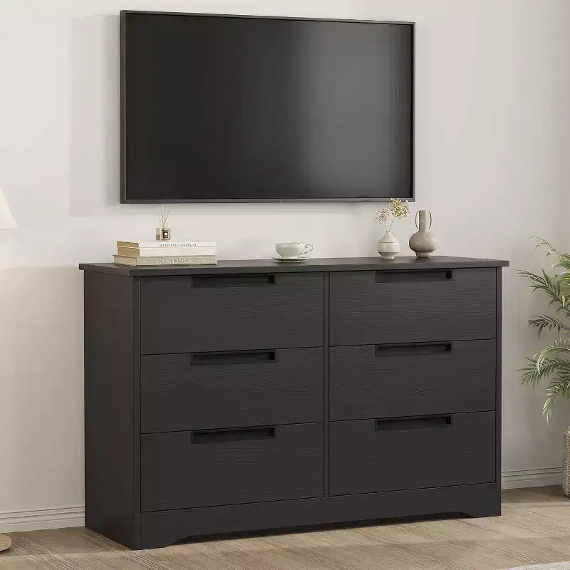 Commode en bois 6 tiroirs, noire/marron/grise, simple