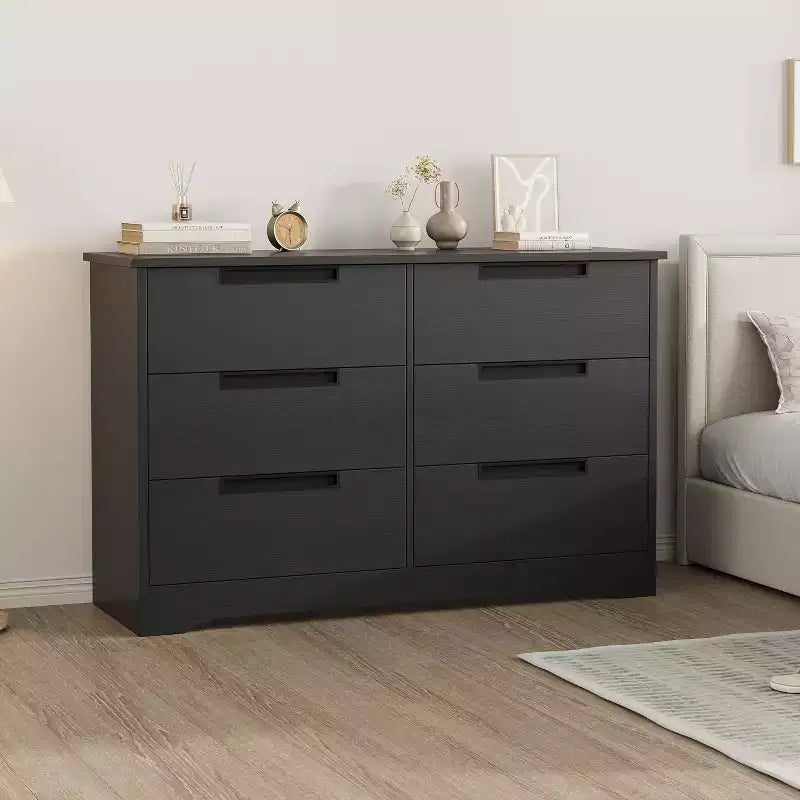 Commode en bois 6 tiroirs, noire/marron/grise, simple