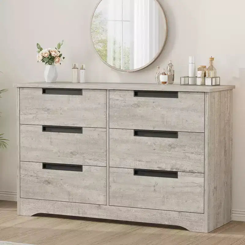 Commode en bois 6 tiroirs, noire/marron/grise, simple