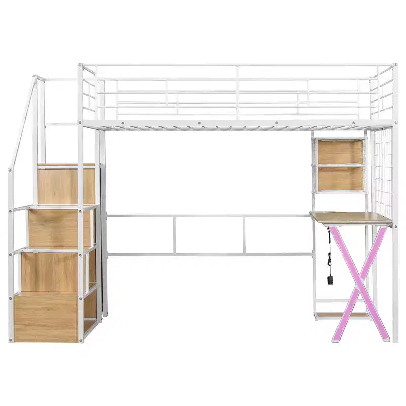 Lit mezzanine en métal noir avec bureau, armoire et LED – Simple/Double, 1 personne