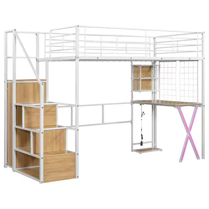 Lit mezzanine en métal noir avec bureau, armoire et LED – Simple/Double, 1 personne