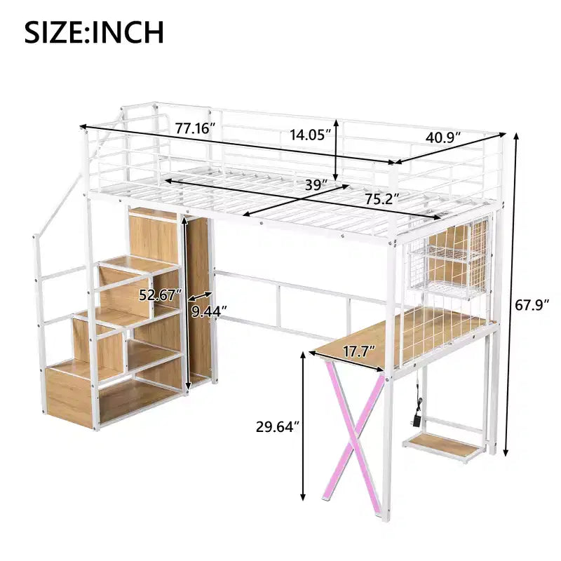 Lit mezzanine en métal noir avec bureau, armoire et LED – Simple/Double, 1 personne