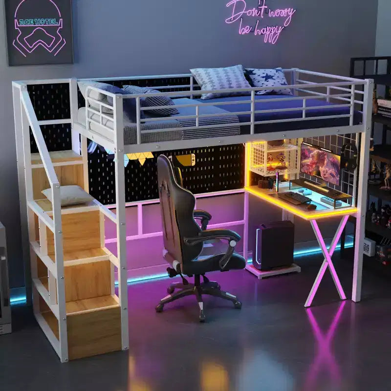 Lit mezzanine en métal noir avec bureau, armoire et LED – Simple/Double, 1 personne