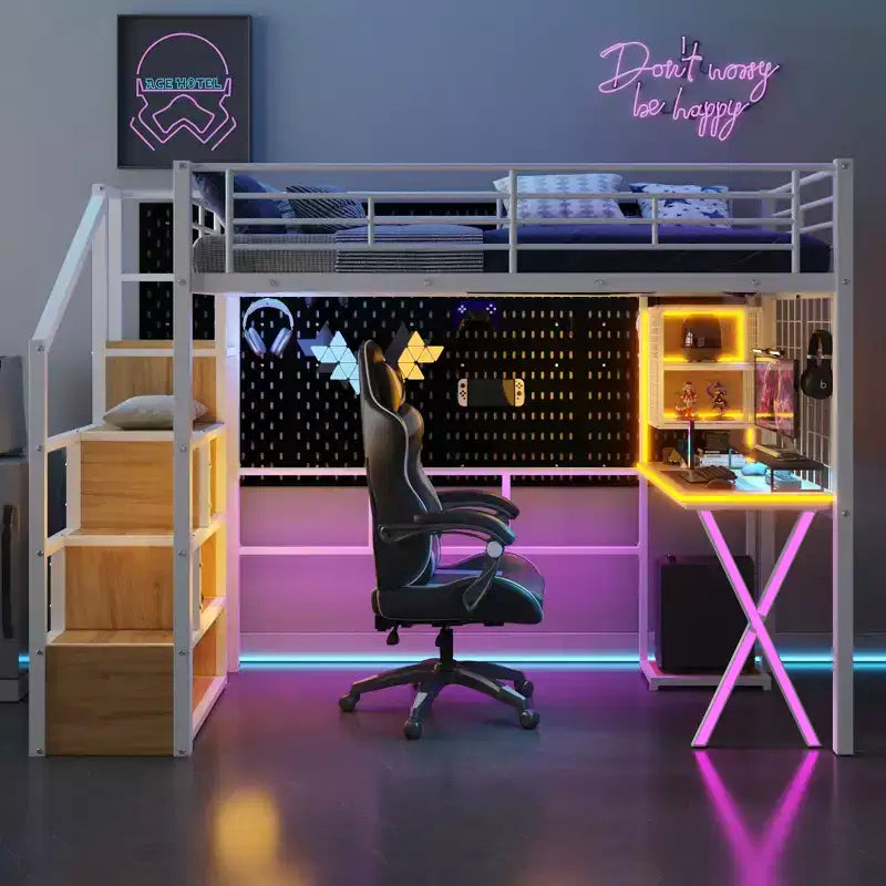 Lit mezzanine en métal noir avec bureau, armoire et LED – Simple/Double, 1 personne