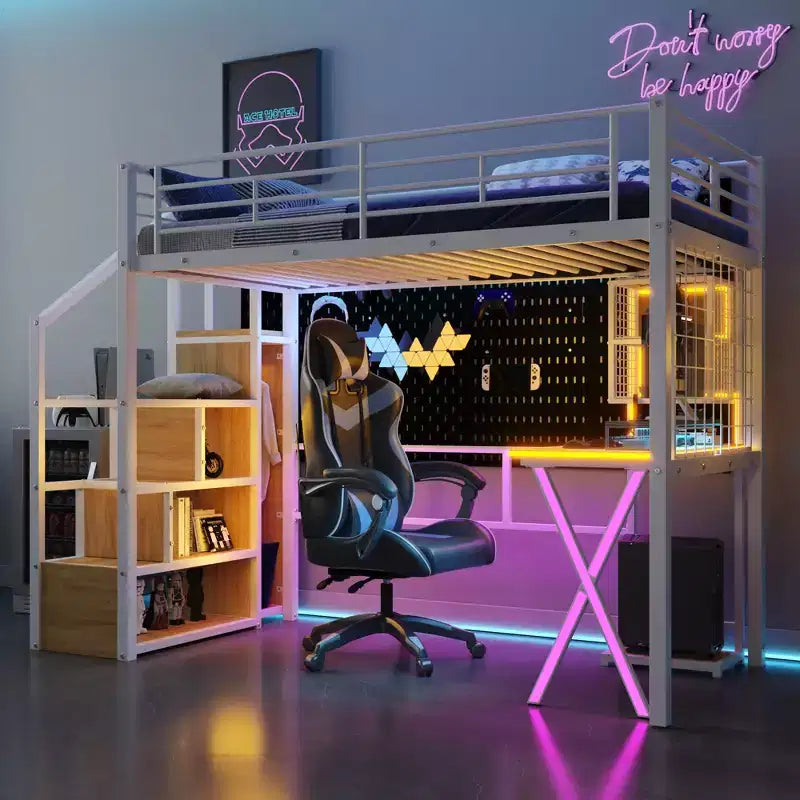 Lit mezzanine en métal noir avec bureau, armoire et LED – Simple/Double, 1 personne