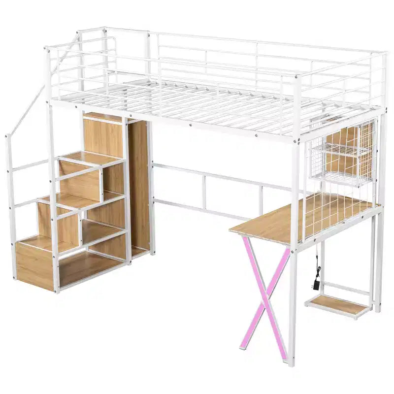 Lit mezzanine en métal noir avec bureau, armoire et LED – Simple/Double, 1 personne