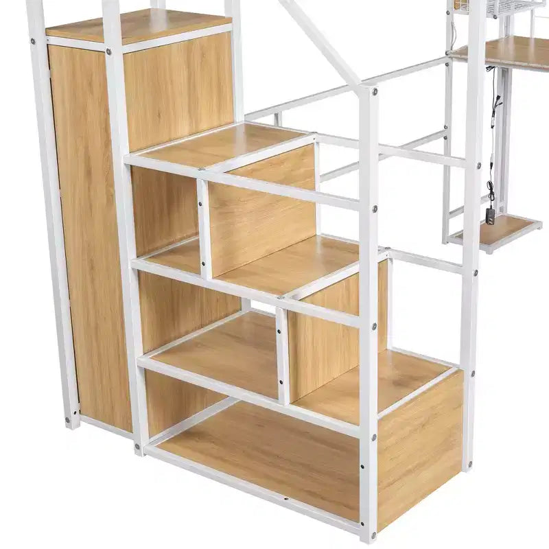 Lit mezzanine en métal noir avec bureau, armoire et LED – Simple/Double, 1 personne