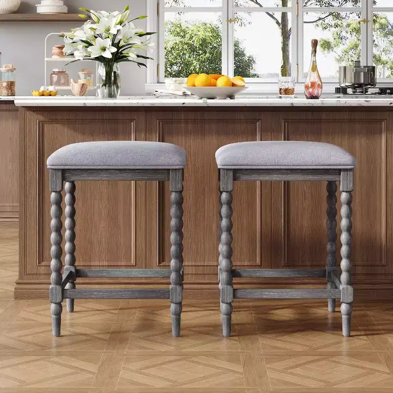 Tabouret de comptoir sans dossier en bois d'acacia naturel et gris foncé, siège rembourré, lot de 2 / lot de 4