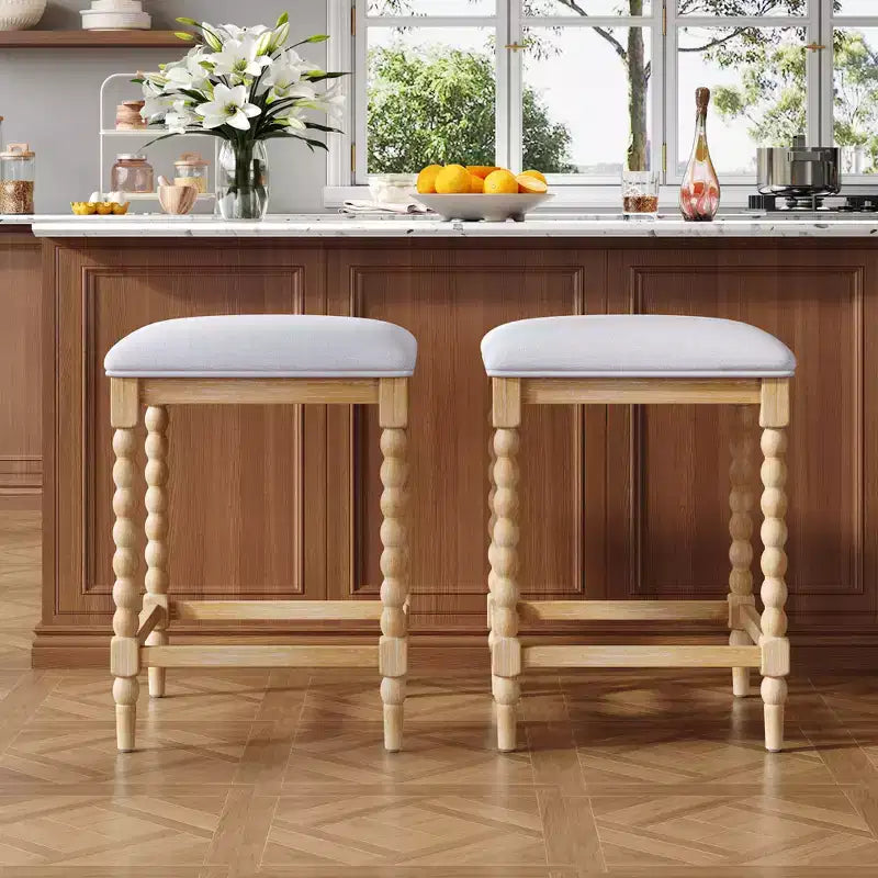 Tabouret de comptoir sans dossier en bois d'acacia naturel et gris foncé, siège rembourré, lot de 2 / lot de 4