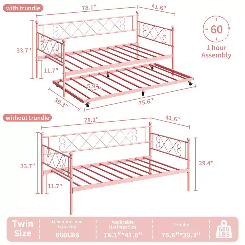 Lit de repos double en métal avec lit gigogne – Noir / Rose / Violet / Blanc, 1 à 2 couchages