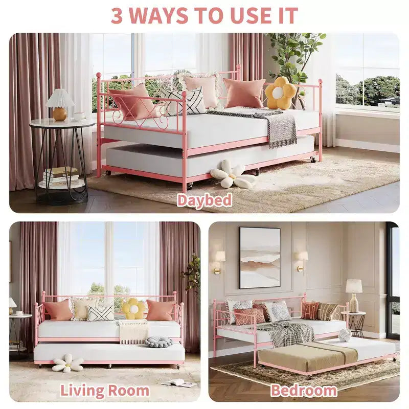 Lit de repos double en métal avec lit gigogne – Noir / Rose / Violet / Blanc, 1 à 2 couchages