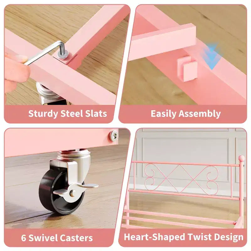 Lit de repos double en métal avec lit gigogne – Noir / Rose / Violet / Blanc, 1 à 2 couchages