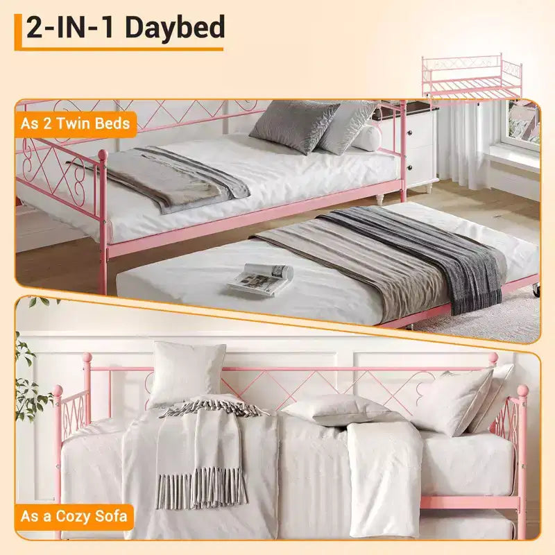 Lit de repos double en métal avec lit gigogne – Noir / Rose / Violet / Blanc, 1 à 2 couchages