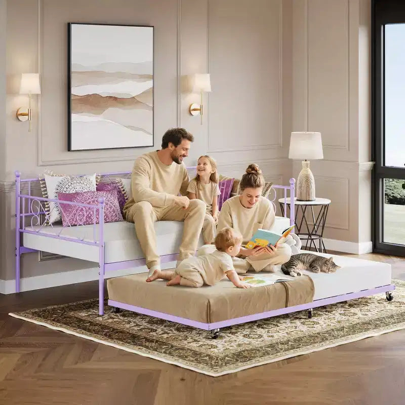 Lit de repos double en métal avec lit gigogne – Noir / Rose / Violet / Blanc, 1 à 2 couchages