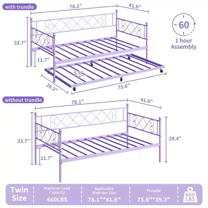 Lit de repos double en métal avec lit gigogne – Noir / Rose / Violet / Blanc, 1 à 2 couchages