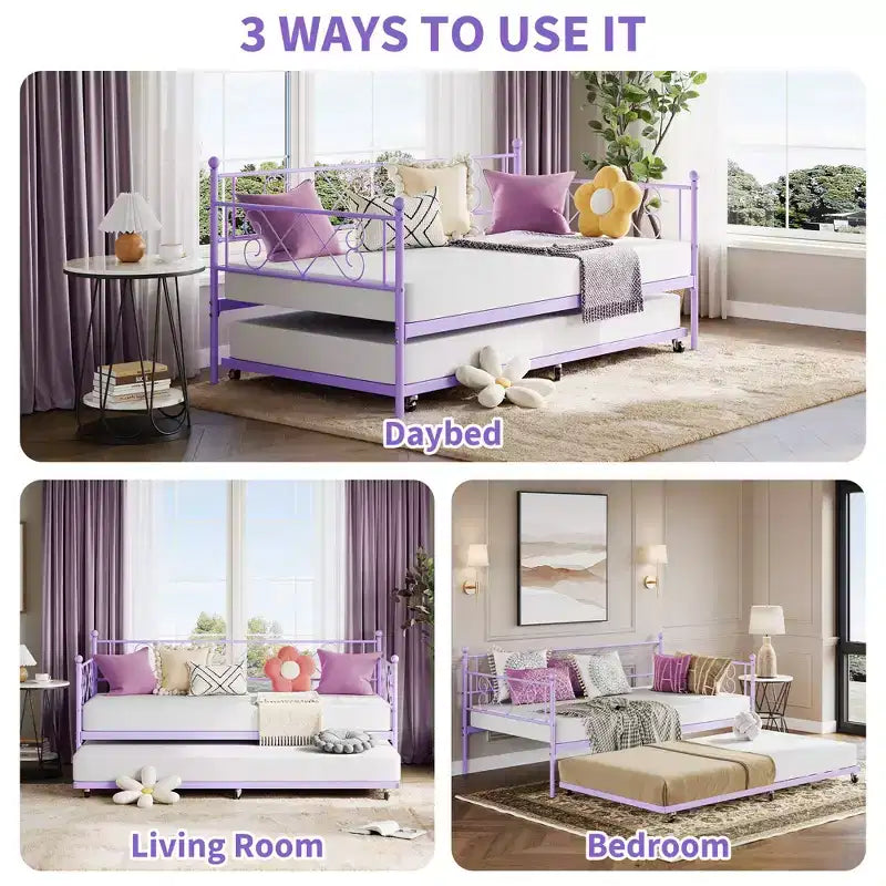 Lit de repos double en métal avec lit gigogne – Noir / Rose / Violet / Blanc, 1 à 2 couchages