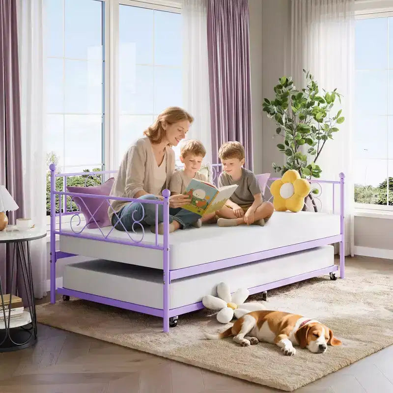 Lit de repos double en métal avec lit gigogne – Noir / Rose / Violet / Blanc, 1 à 2 couchages