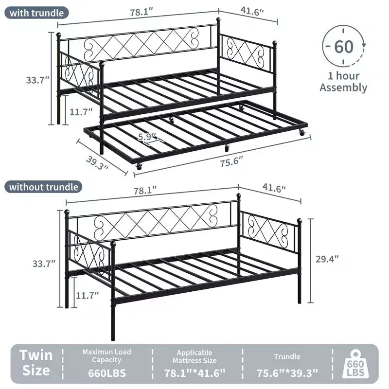 Lit de repos double en métal avec lit gigogne – Noir / Rose / Violet / Blanc, 1 à 2 couchages