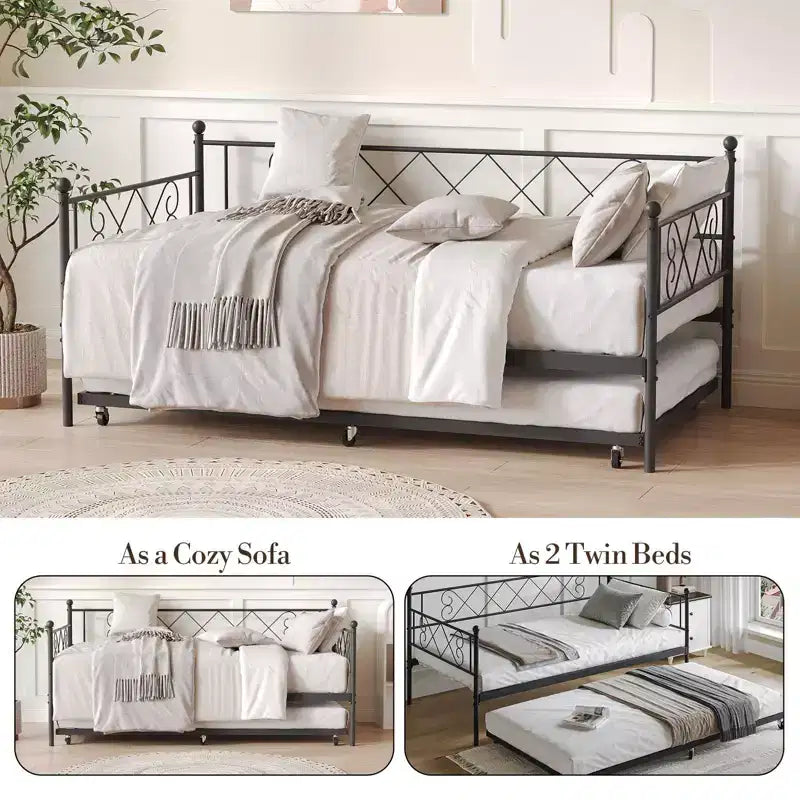 Lit de repos double en métal avec lit gigogne – Noir / Rose / Violet / Blanc, 1 à 2 couchages