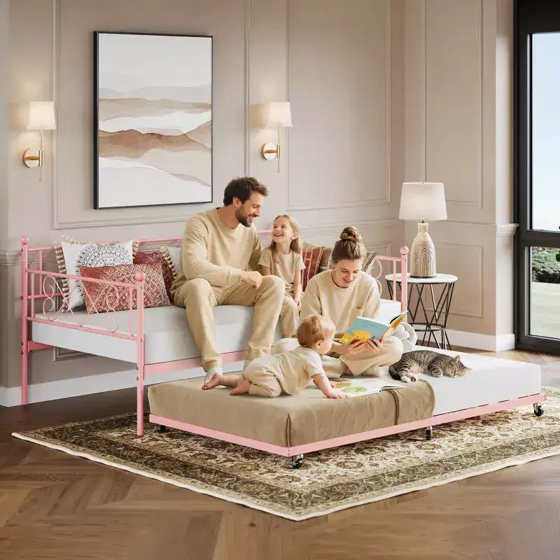 Lit de repos double en métal avec lit gigogne – Noir / Rose / Violet / Blanc, 1 à 2 couchages
