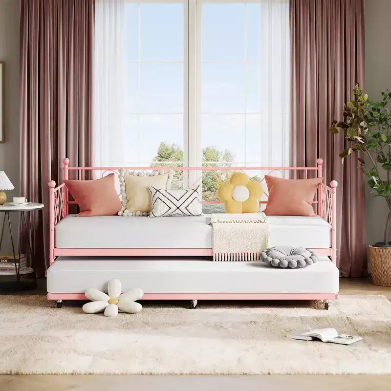 Lit de repos double en métal avec lit gigogne – Noir / Rose / Violet / Blanc, 1 à 2 couchages