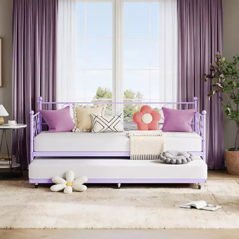 Lit de repos double en métal avec lit gigogne – Noir / Rose / Violet / Blanc, 1 à 2 couchages