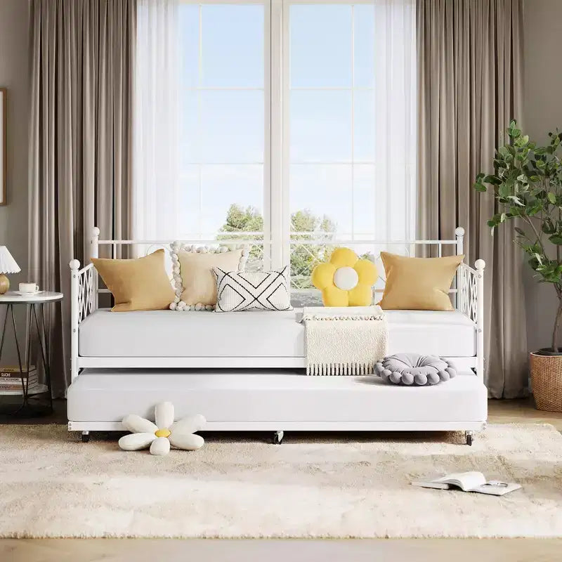 Lit de repos double en métal avec lit gigogne – Noir / Rose / Violet / Blanc, 1 à 2 couchages
