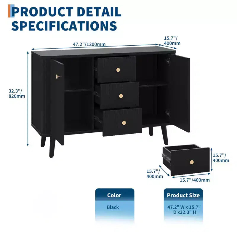 Bahut cannelé marron de 119 cm avec 3 tiroirs et 2 portes – Assemblage par 1 personne