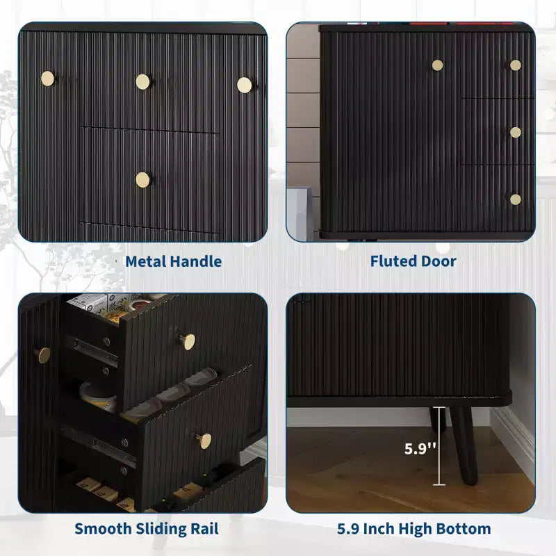 Bahut cannelé marron de 119 cm avec 3 tiroirs et 2 portes – Assemblage par 1 personne