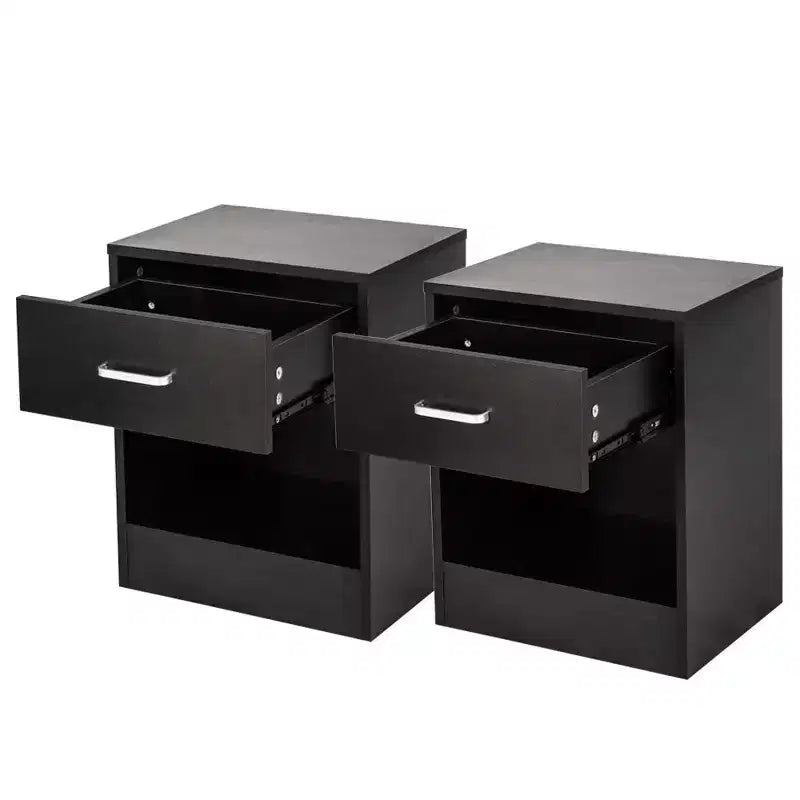 Table de chevet noire à 1 tiroir, lot de 2 – MDF avec placage bois