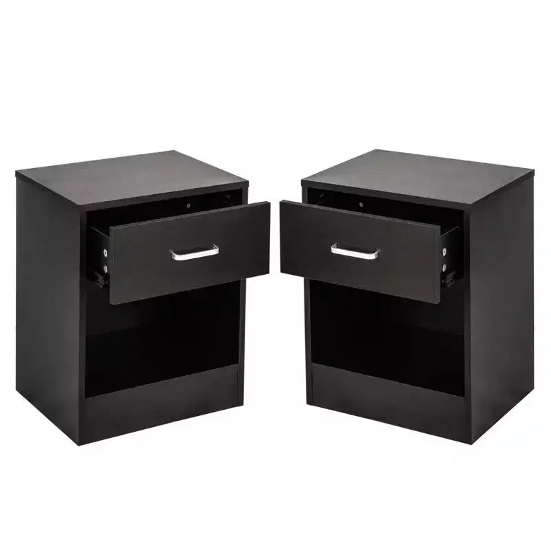 Table de chevet noire à 1 tiroir, lot de 2 – MDF avec placage bois