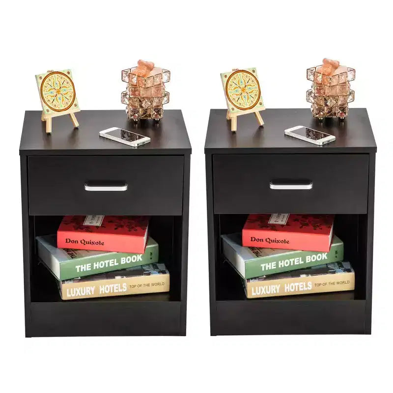 Table de chevet noire à 1 tiroir, lot de 2 – MDF avec placage bois