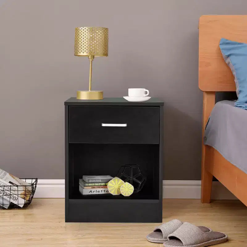 Table de chevet noire à 1 tiroir, lot de 2 – MDF avec placage bois
