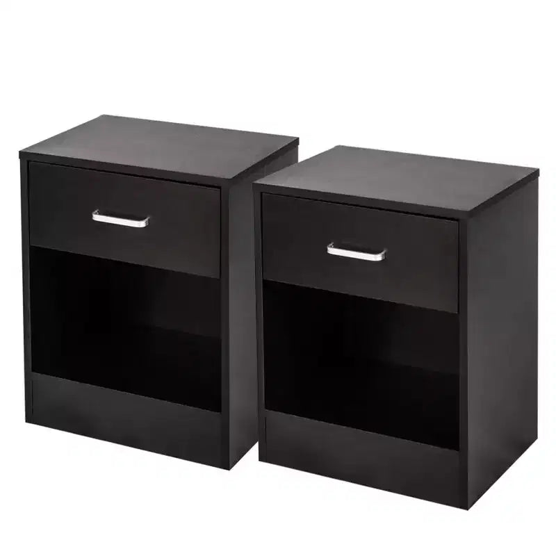 Table de chevet noire à 1 tiroir, lot de 2 – MDF avec placage bois