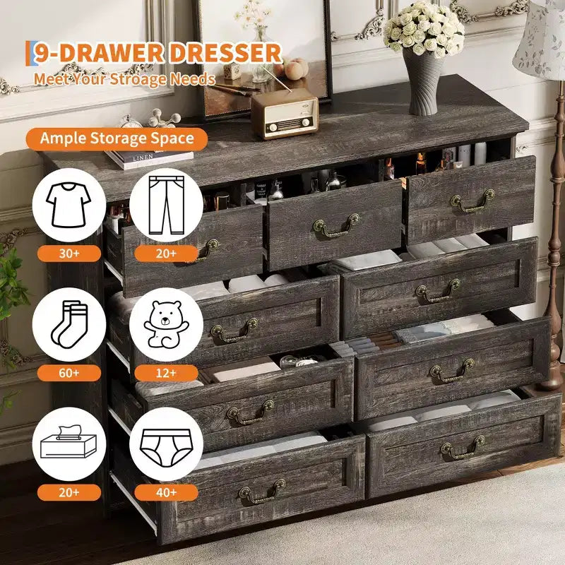 Commode 9 tiroirs noire / grise / blanche – Style fermier, armoire de rangement individuelle