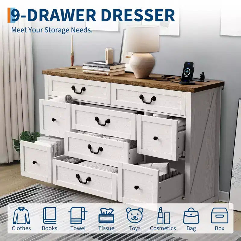 Commode de ferme noire/brune à 9 tiroirs – Pour 1 personne