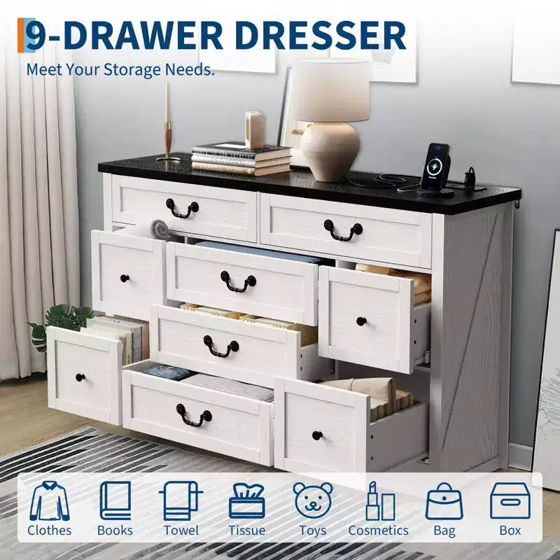 Commode de ferme noire/brune à 9 tiroirs – Pour 1 personne