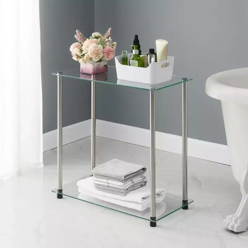 Table d'appoint en verre à 2 niveaux, coloris argenté, table d'appoint étroite et moderne à usage individuel