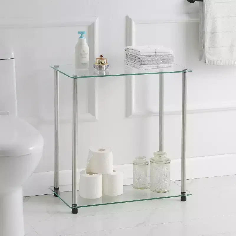 Table d'appoint en verre à 2 niveaux, coloris argenté, table d'appoint étroite et moderne à usage individuel