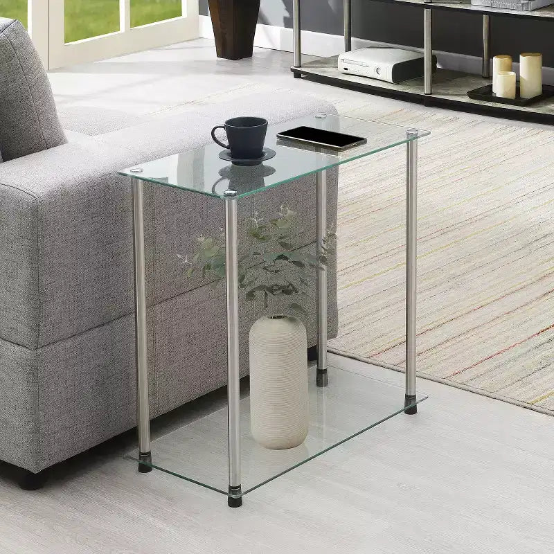 Table d'appoint en verre à 2 niveaux, coloris argenté, table d'appoint étroite et moderne à usage individuel