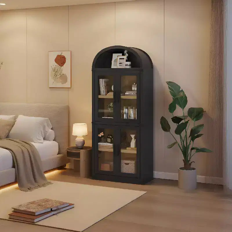 Étagère bibliothèque à 5 niveaux avec porte – Noir / Blanc / Jaune, style industriel