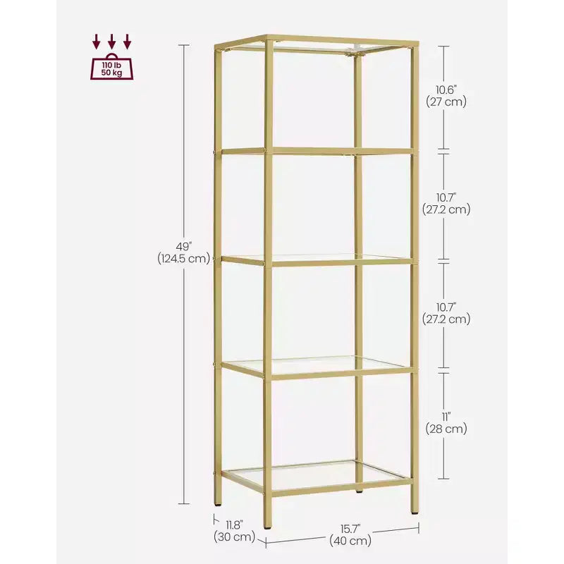 Étagère étroite à 5 niveaux, tablettes en verre trempé, cadre doré/noir, assemblage par 1 personne