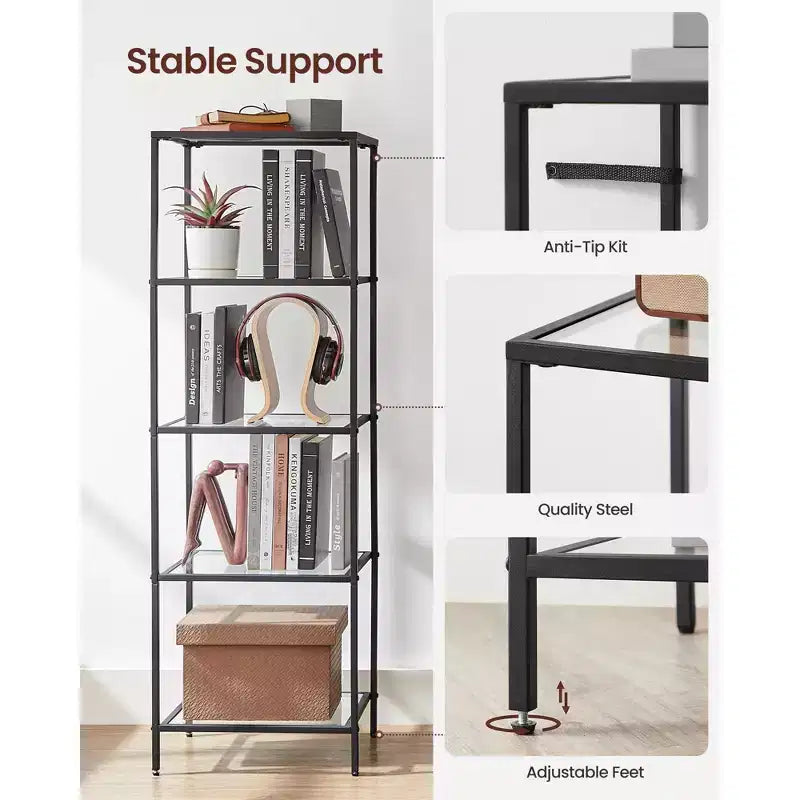 Étagère étroite à 5 niveaux, tablettes en verre trempé, cadre doré/noir, assemblage par 1 personne