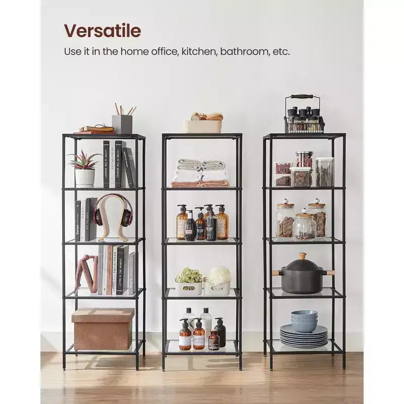 Étagère étroite à 5 niveaux, tablettes en verre trempé, cadre doré/noir, assemblage par 1 personne