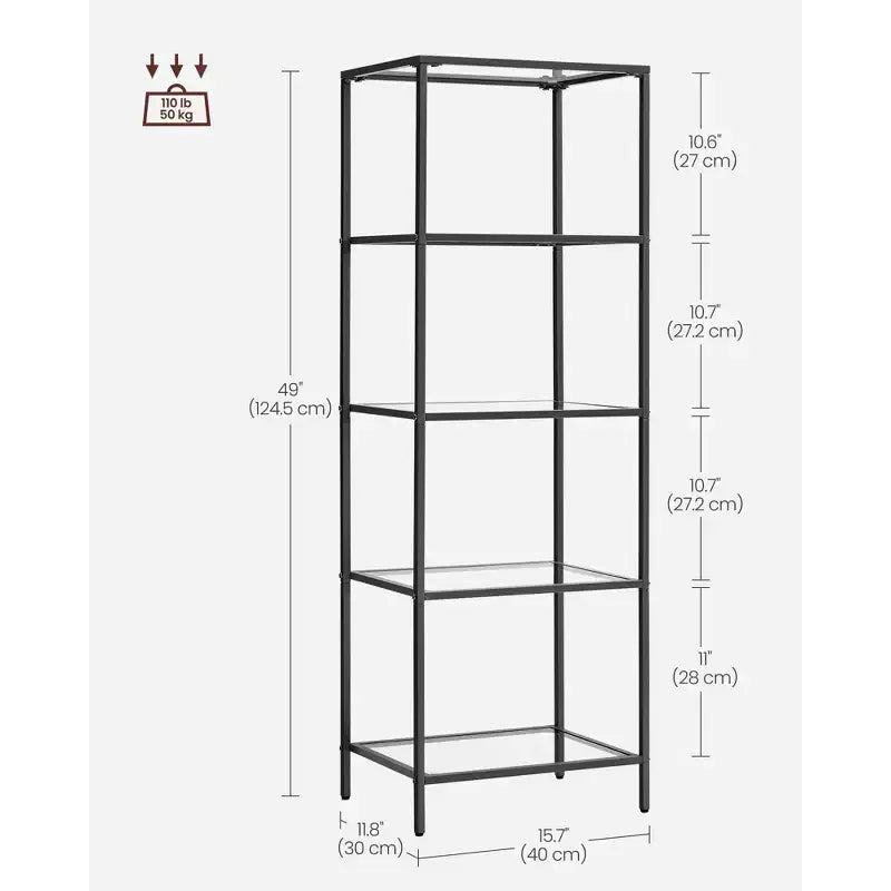 Étagère étroite à 5 niveaux, tablettes en verre trempé, cadre doré/noir, assemblage par 1 personne